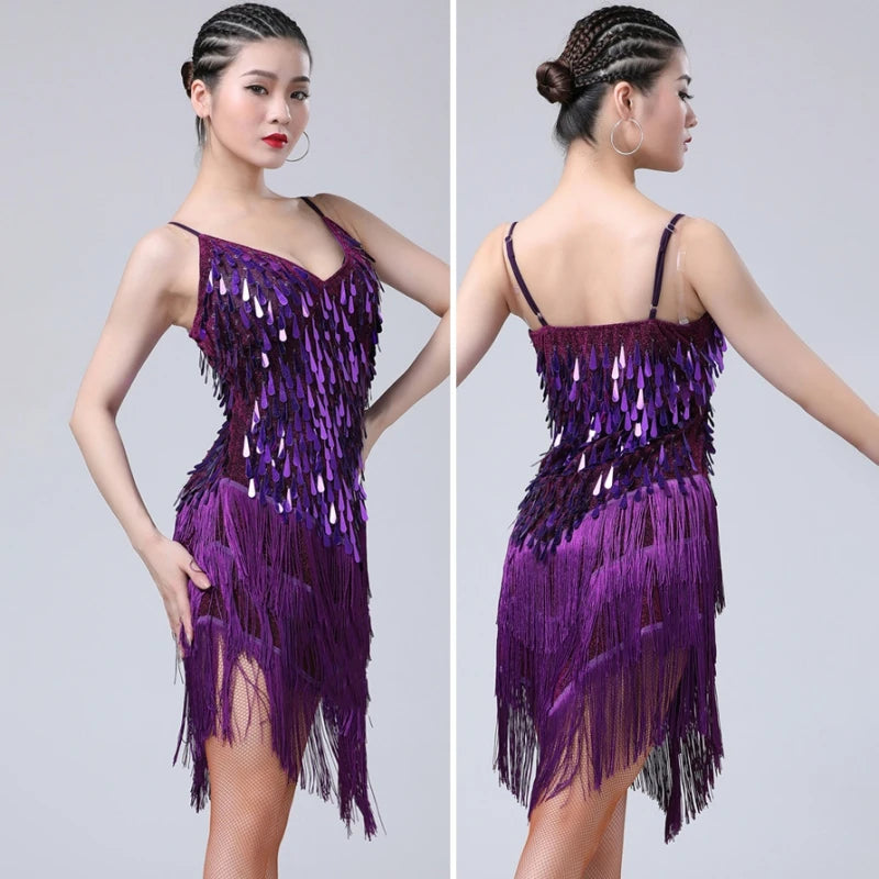 Sparkling Sequined Tassel Fringe Detail Salsa Samba Rumba Tango Latin Dance Flapper Dress