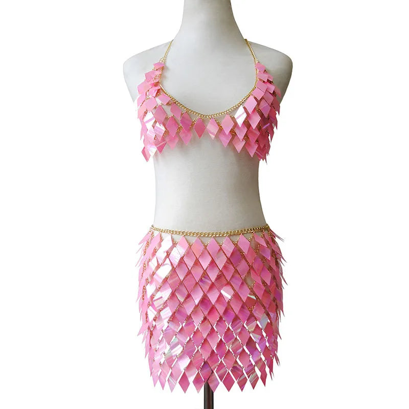 Metallic Sequined Geometric  Bikini Crop Top + Mini Skirt Handcrafted Party Women's 2-Piece Set