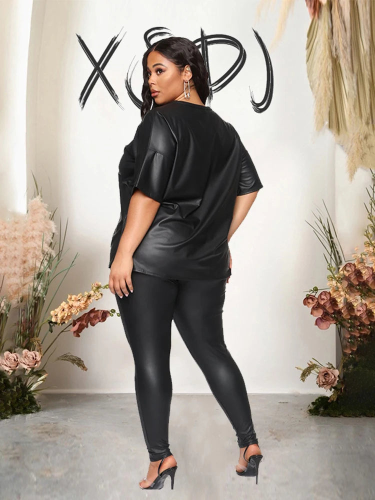 Black Faux Leather Women's Short Sleeve Blouse + Stretch Leggings 2-Piece Set to 5X Plus Size