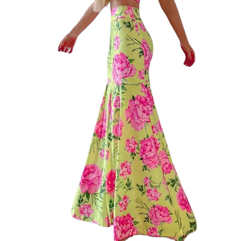 Pink Rose Print Bodycon + High Waist Retro Formal Mermaid Maxi Skirt