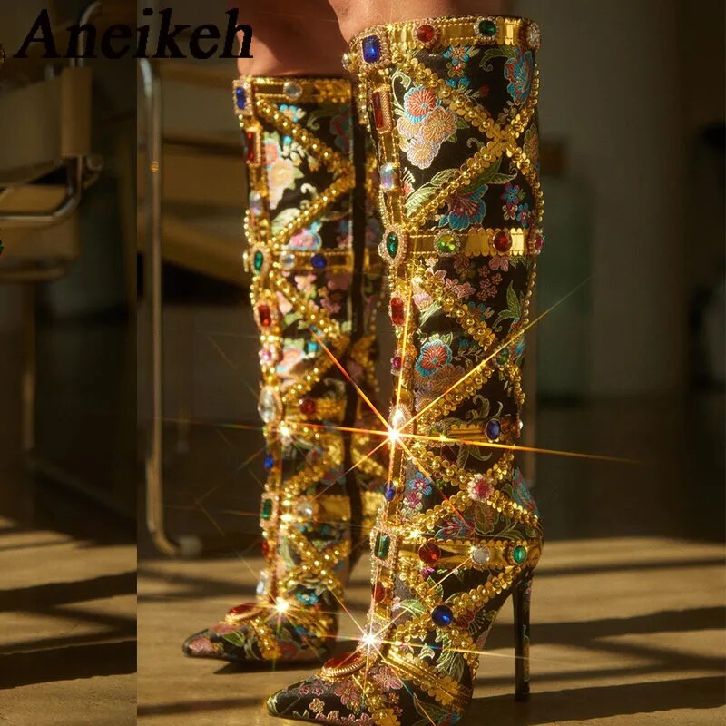 Women's Knee High Pointed Toe Embroidered Metal Decoration Zipper Boots