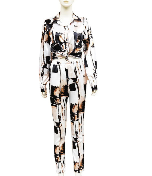 Satin Tie-Dye Print Turn Down Collar Long Sleeve Blouse + Pencil Pants 2-Piece Set