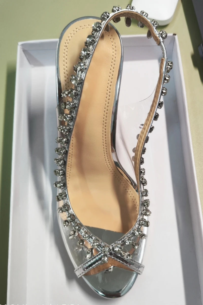 PVC Transparent Rhinestone Chain Detail Fish Mouth Transparent Stiletto Heel Slingback Formal Bridal/Party Pumps