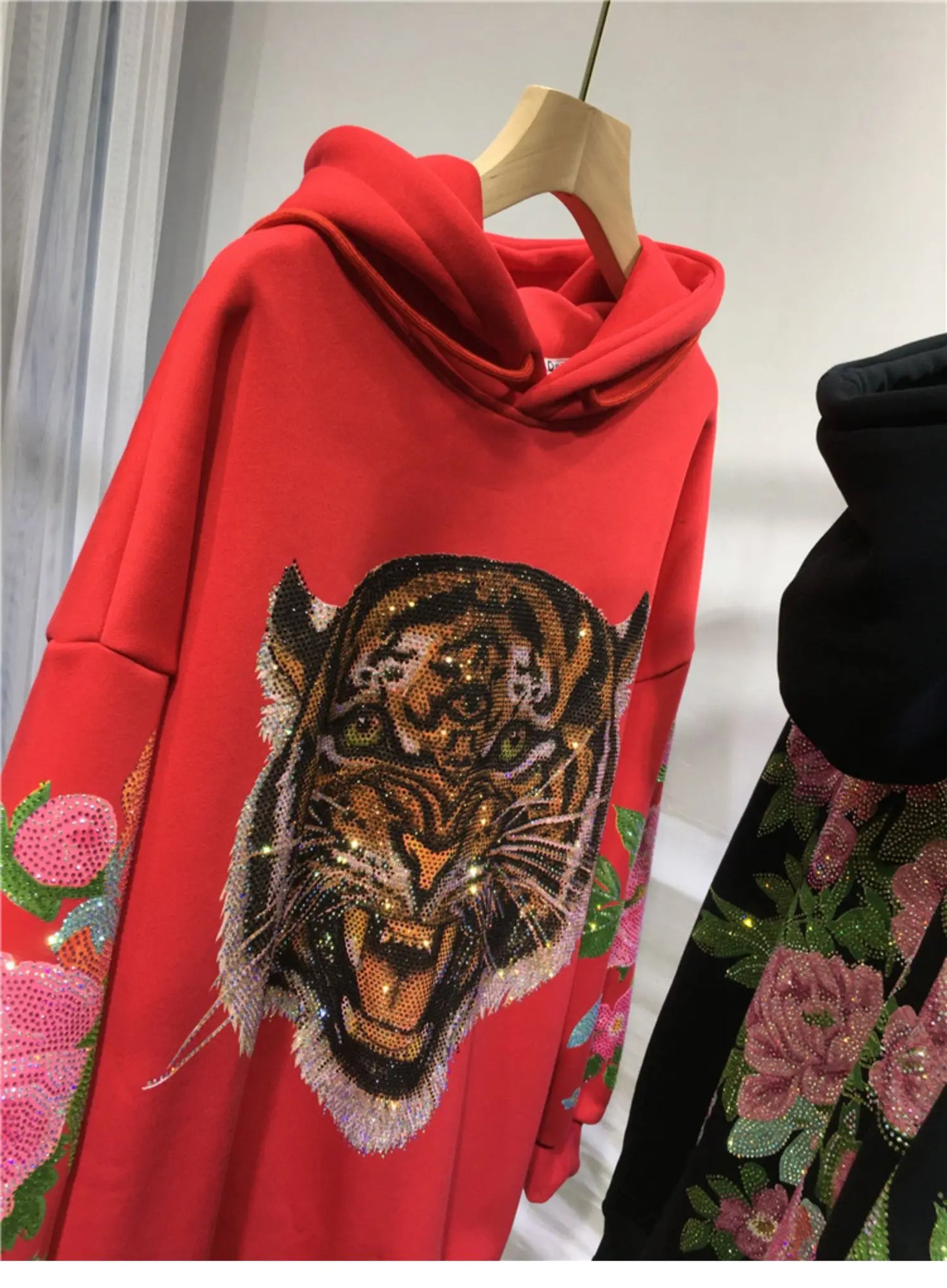 Sparkling 3D Rhinestone Fleece Padded Women's Leopard Tiger Hoodie Sweatshirt