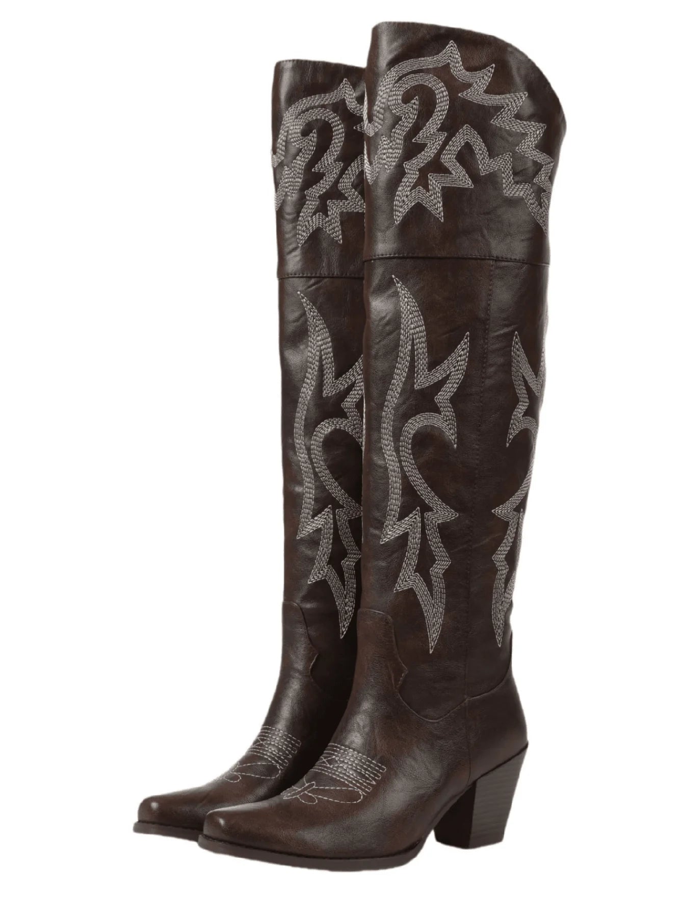Western Over-the-Knee Women's Embroidered Design Pointed Toe Chunky Heel Cowgirl Rodeo Boots