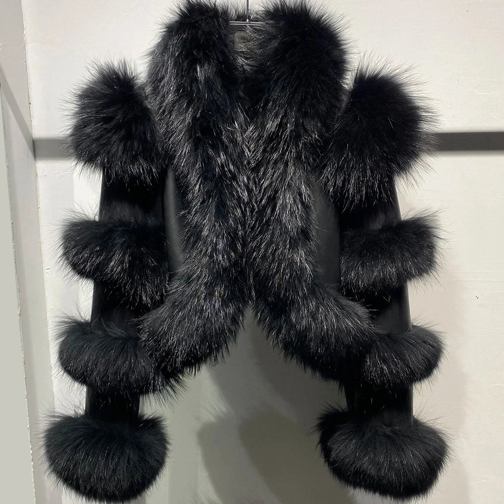 Real Raccoon Fur Hip-Hop Colorblock Design Paneled Women's Streetwear Jacket