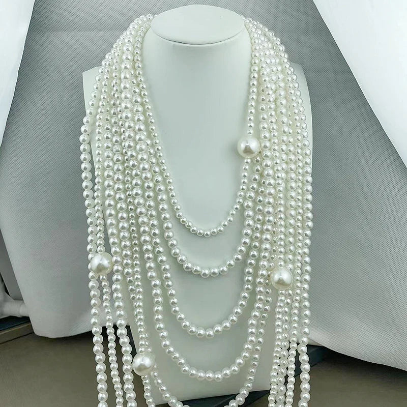 Multi-Layer White Big Pearl Women's Tassel Collar Bridal Choker Necklace