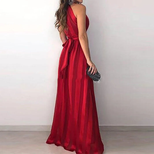 Red Striped Deep V-Neck Sleeveless Lace-Up High Waisted Maxi Dress