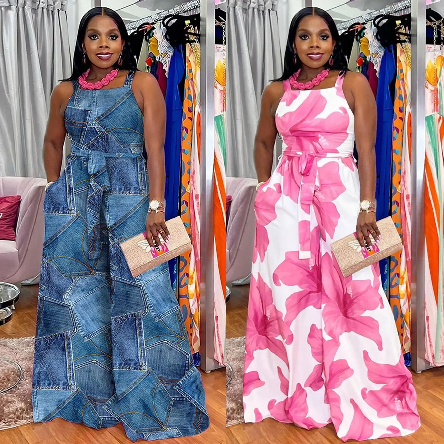 Sleeveless Faux Denim Colorblock/Tropical Flower Print Square Halter Strap Neck Wide Leg Bellbottom Overall Jumpsuit