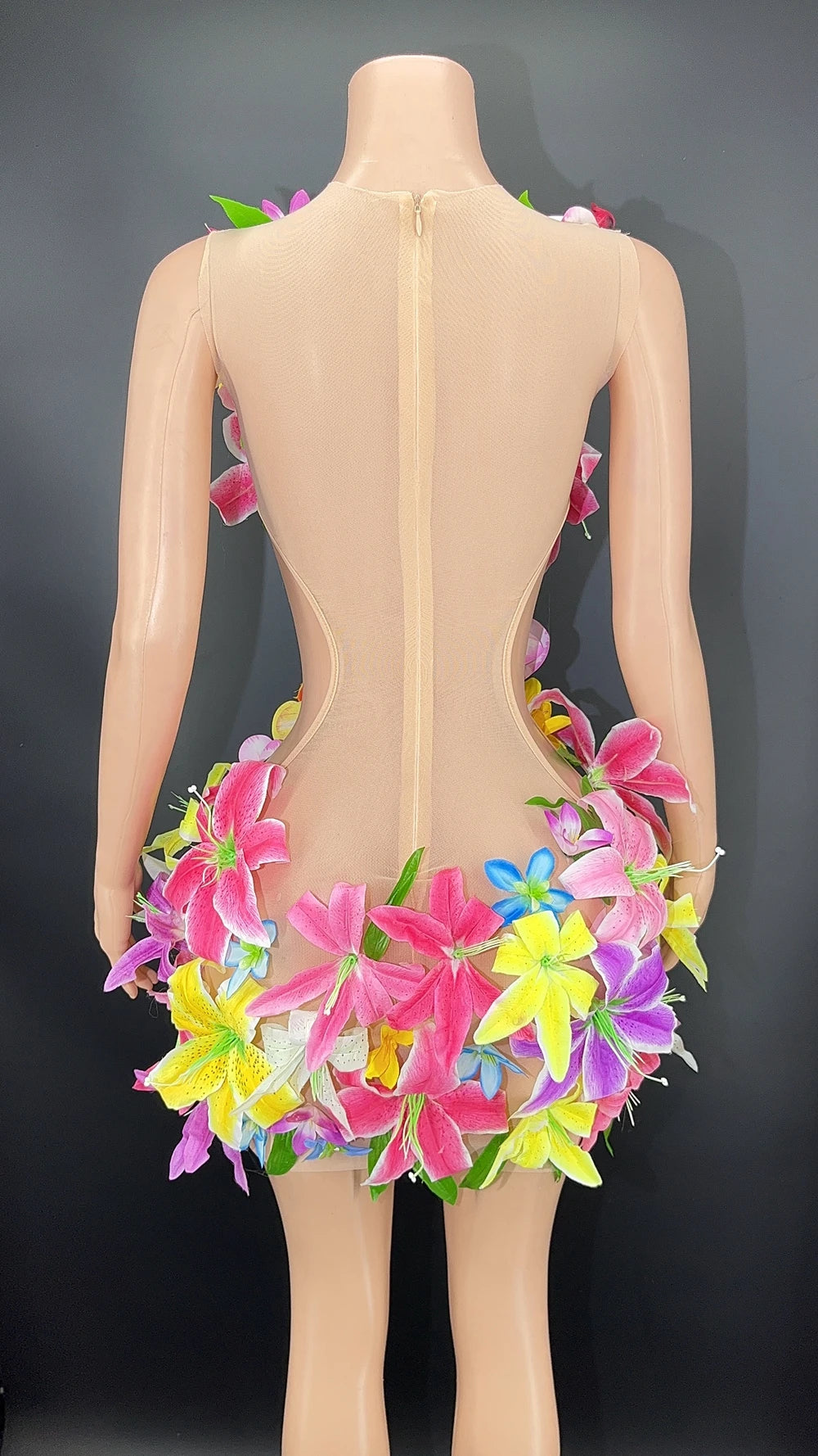 Embroidered Flower Decor Nude Mesh Transparent Party Formal Dress