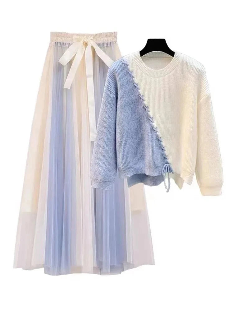 Lace-Up White/Baby Blue Colorblock Knitted Spliced O-Neck Sweater + Bowtie Gradient Gauze Maxi Skirt 2-Piece Set