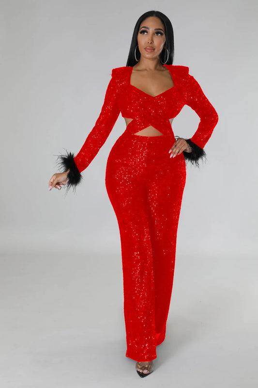 Sequin Feather Hollow Slim Long Sleeved Party Jumpsuit