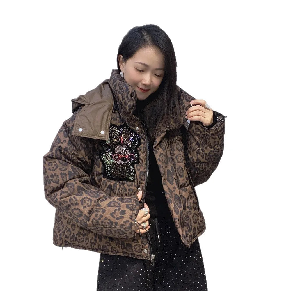 Leopard Rhinestone Hip-Hop Minnie Mouse Print Women's Quilted Cotton Down Hooded Jacket