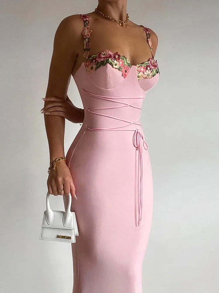 Pink Sleeveless Backless Floral Lace-Up Bandage Bodycon Party Maxi Dress