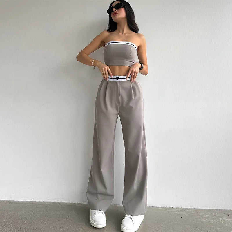 Striped Contrast Color Tube Top w/ Elastic Waist Wide Leg Long Pants 2-Piece Set