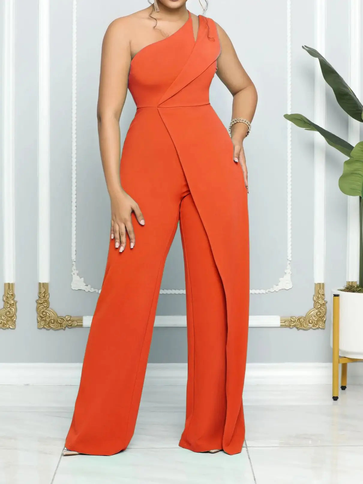 Asymmetrical One Shoulder Overlap Layered Design Sleeveless Solid Color High Waist Women's Jumpsuit