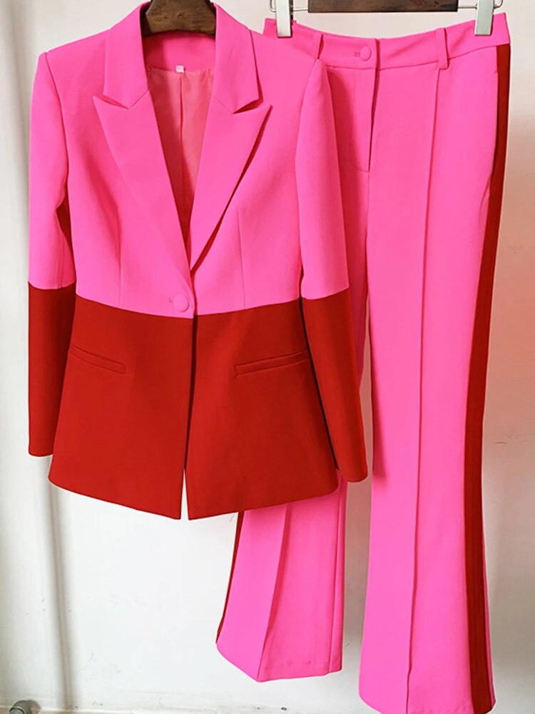 Designer Runway Suit: Women's Single Button Colorblock Blazer + Flare Pants to 4X