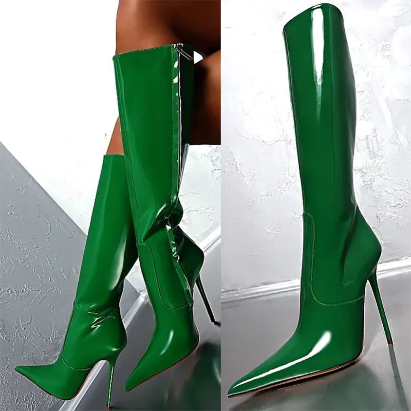 Patent Leather Solid Color Women's Skinny Pointed Toe Side Zipper Stiletto Heel Knee-High Boots