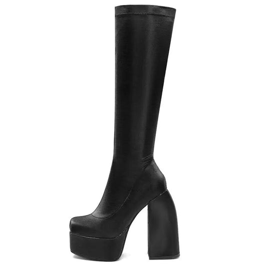 Solid Stretch Square Toe Block Platform Heel Ladies Boots