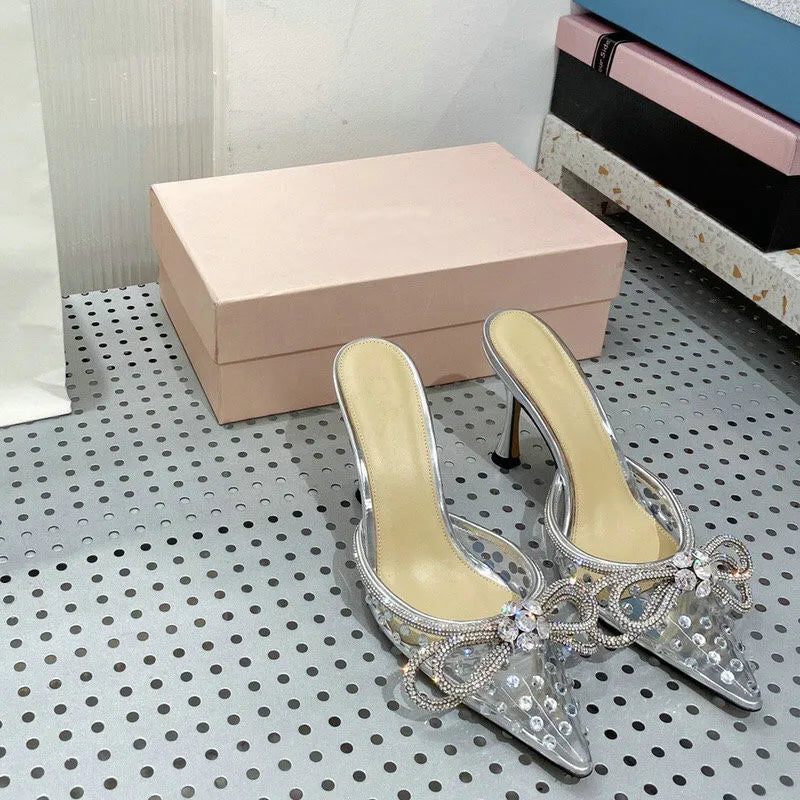 Crystal Butterfly Knot Ankle Strap Women's Pointed Toe Mule Slipper Sandal Pumps