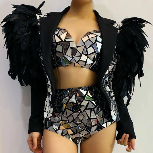 Silver Metallic Geometric Mirror 2-Piece Bikini w/ Feather Detail Balloon Sleeve Jacket Stage Performance Costume