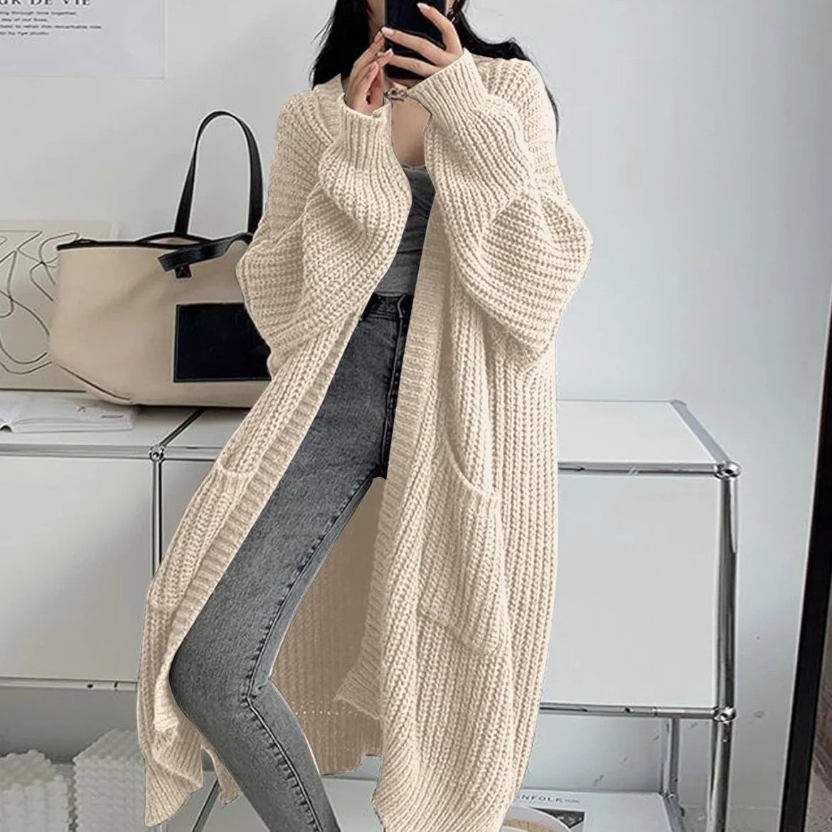 Oversized Cable Knitted Open Front Loose Women's Maxi Cardigan Sweater