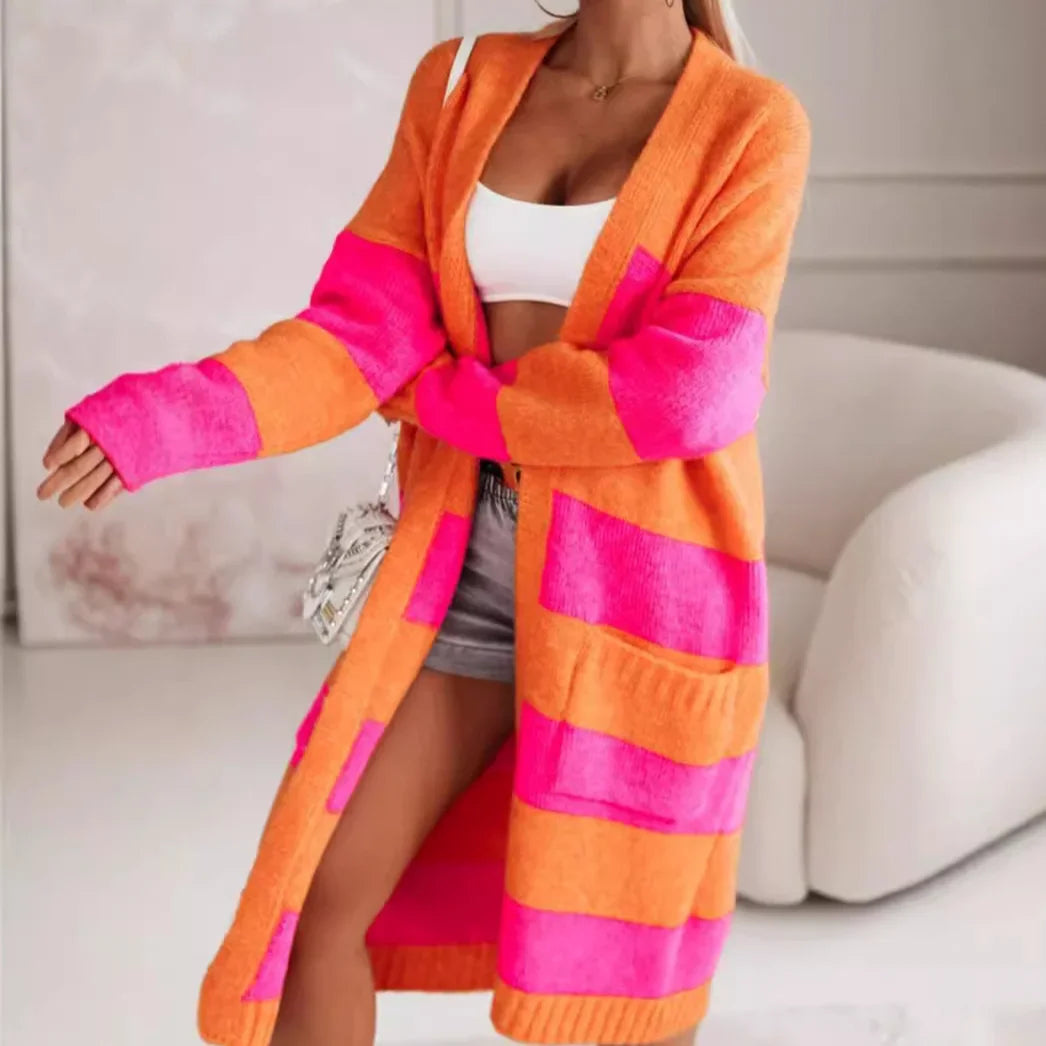 Colorblock Striped Women's Maxi Cardigan Sweater w/ Pockets