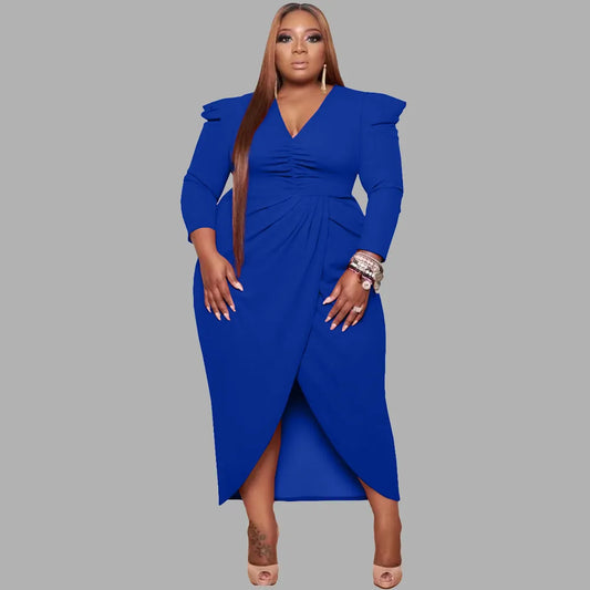 Plus Size Long Sleeve Deep V-Neck Bodycon Wrap w/ Front Slit Dress to 5X