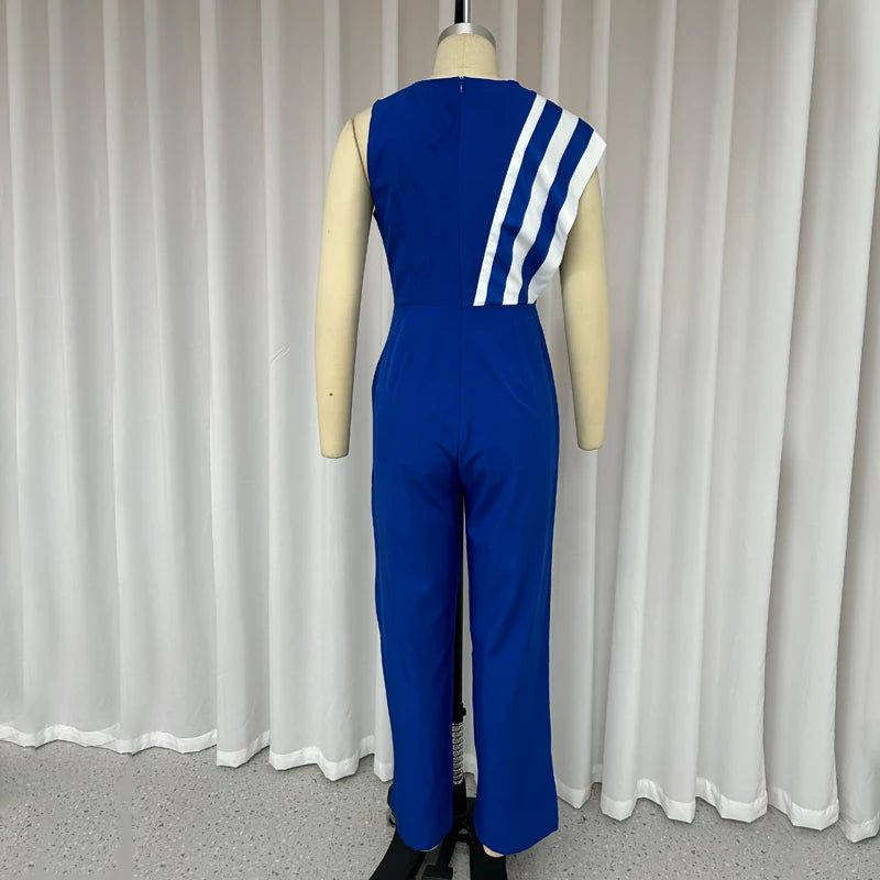 Asymmetrical Striped Sash Round Neck Sleeveless Nipped Waist Jumpsuit