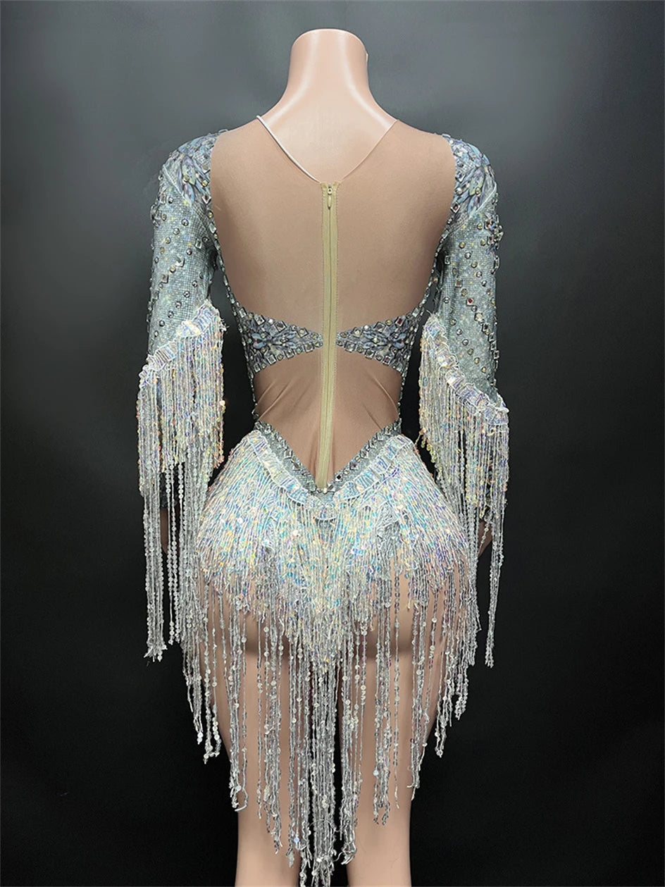 Sparkling Sequin Tassel Long Sleeve Bodysuit Performance Costume