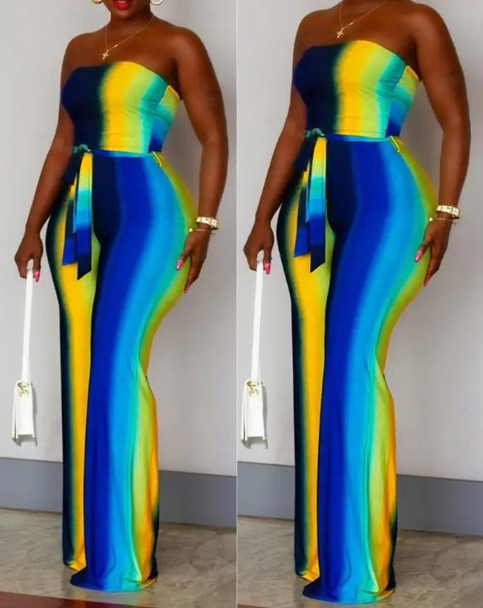 Blue/Yellow Ombre Colorblock Rainbow Striped Sleeveless Strapless Wide Leg Tube Top Sash Belted Women's Jumpsuit