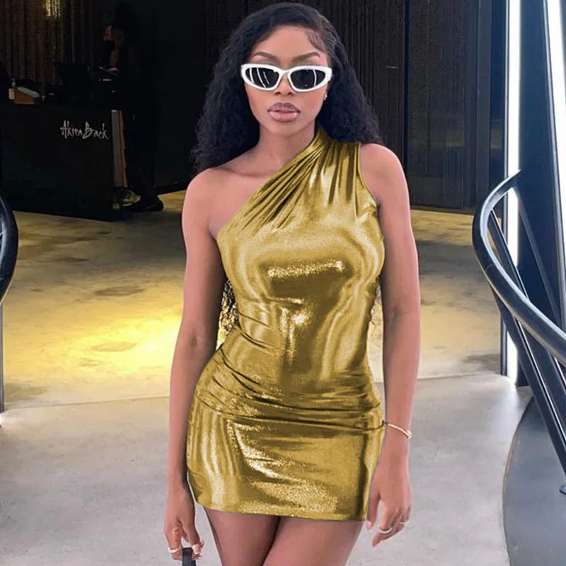 Asymmetrical Faux Leather Metallic/Solid Color One Shoulder Ruched Bodycon Skinny Mini Club Dress