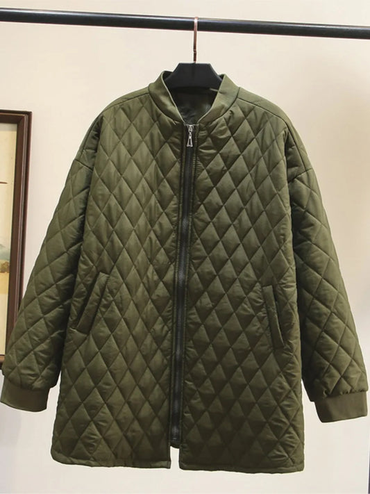 Oversized Quilted Long Sleeve Zipper Wadded Argyle Cotton Padded Women's Coat 3X-6X Plus