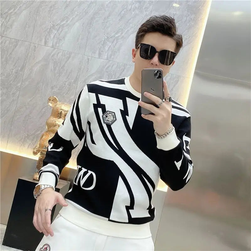 Men's Black/White Geometric Colorblock Contrast Print O-Neck High Street Long Sleeve Sweatshirt