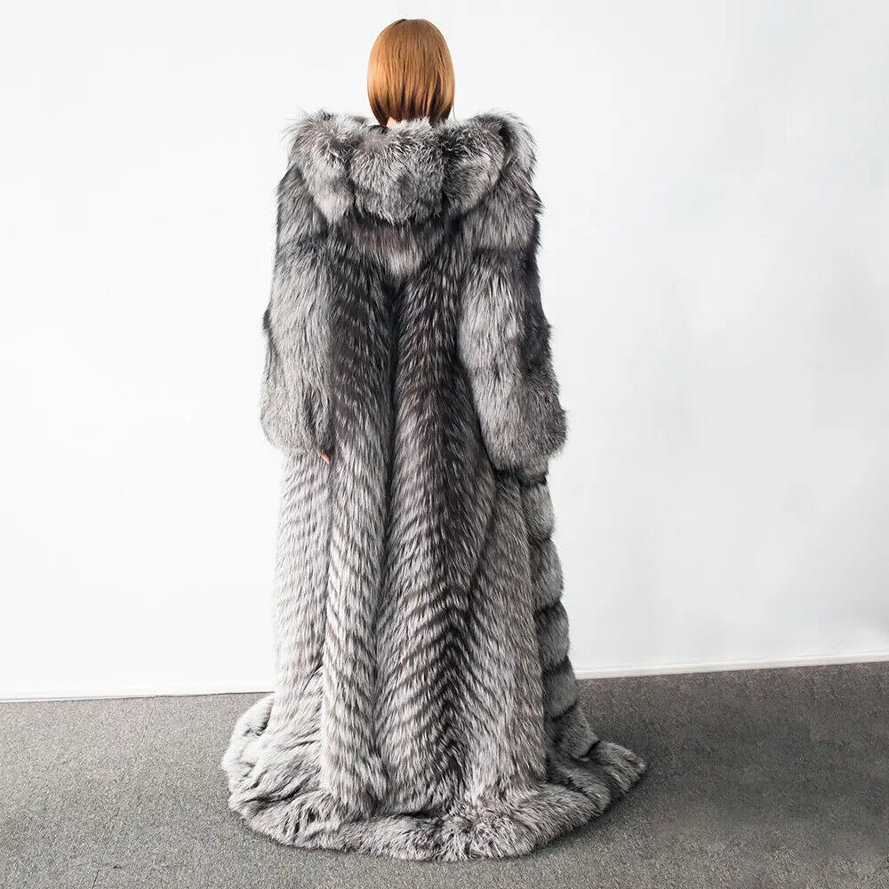 Silver/Black Zebra Striped Pattern Hooded Fox Fur Trenchcoat