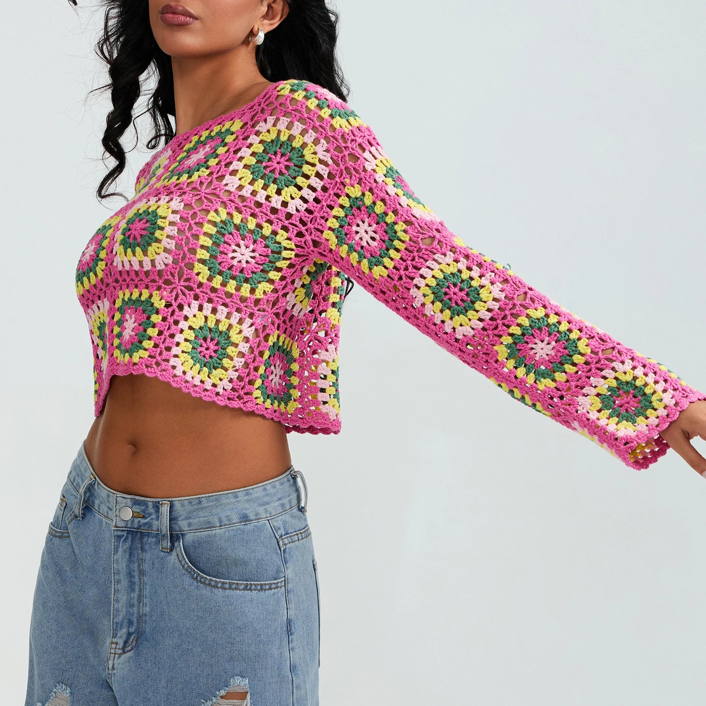 Crochet Square Floral Print Knitted Women’s Long Sleeve O-Neck Cropped Sweater