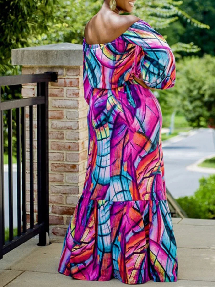 Geometric Abstract Print Off-the-Shoulder Long Sleeve Crop Top & A-Line Maxi Skirt 2-Piece Set to 5X Plus Size