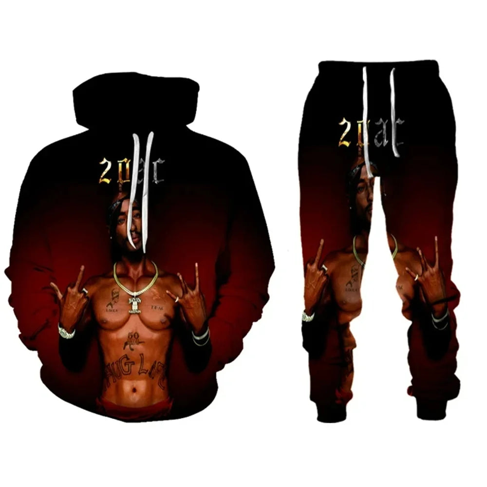 Drawstring Men's Unisex Tupac 3D Graphic Print Hoodie Sweatshirt + Jogger Sweatpants Tracksuit