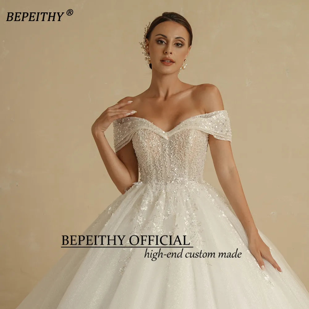 Ivory Beaded Off-the-Shoulder Sleeveless Floor-Length Bridal Wedding Gown Dress