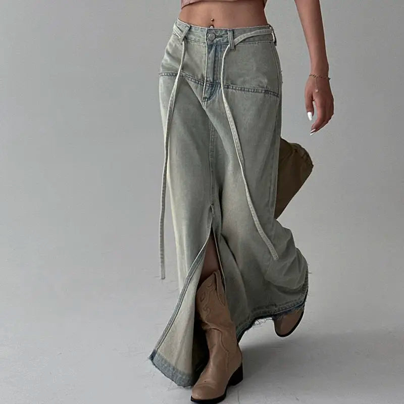 Denim Faded Distressed Women's High Slit Vintage Lace-Up Low Waist Streetwear Maxi Jean Skirt