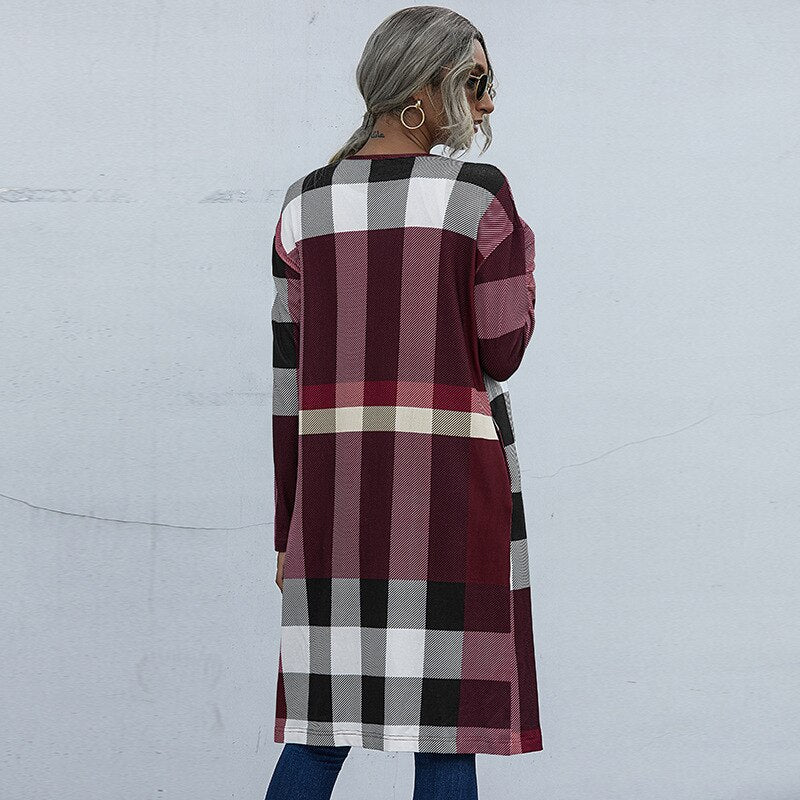 Checkered Plaid Ladies Maxi Cardigan