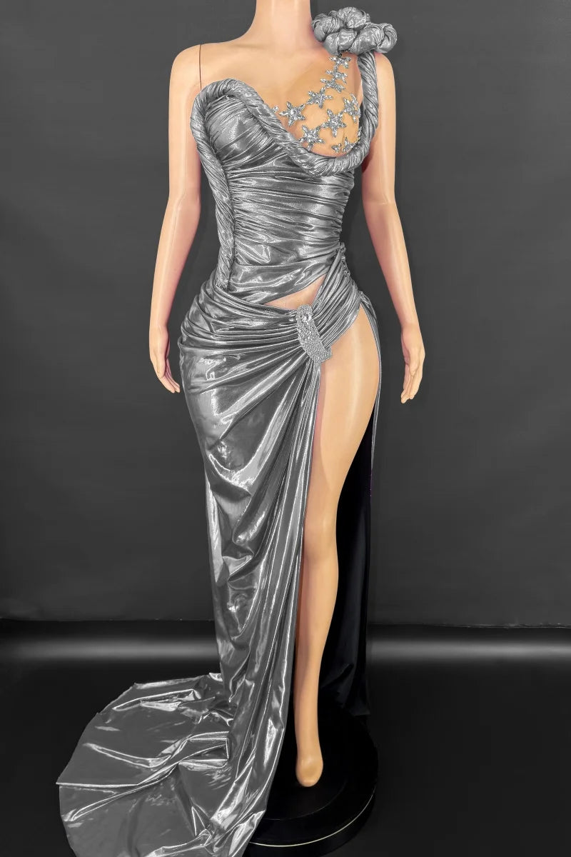 Irregular Sleeveless Ruched Faux Leather Rhinestone Asymmetrical Sexy One Sleeve High Slit Floor-Length Maxi Bodycon Formal Party/Prom Dress