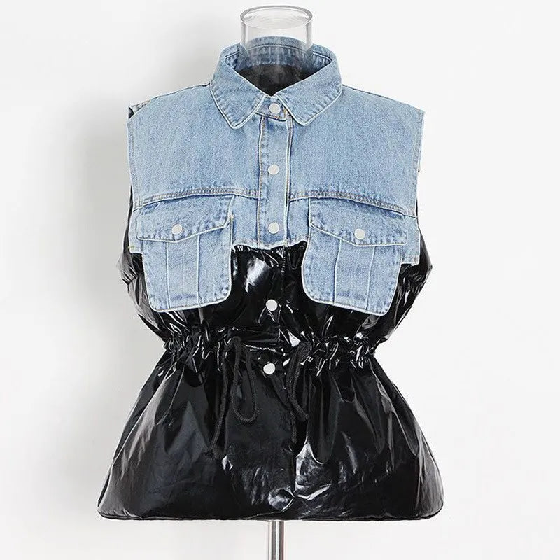 Denim Faux Leather Patchwork Turn-Down Collar Drawstring Women's Button-Up Sleeveless Spliced Denim Vest