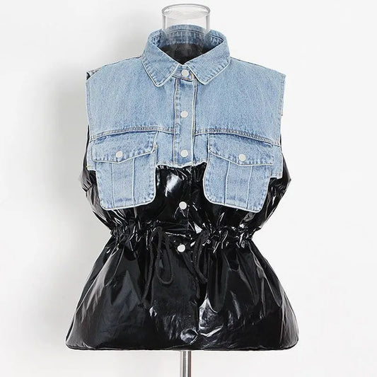 Denim Faux Leather Patchwork Turn-Down Collar Drawstring Women's Button-Up Sleeveless Spliced Denim Vest