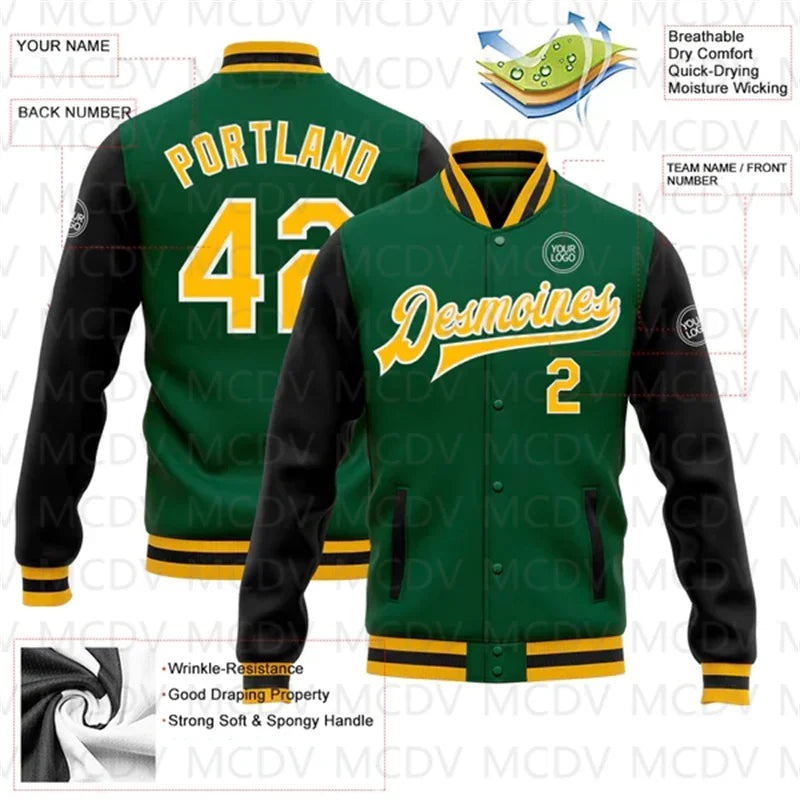 Customized Green Pink-White 3D Name  Letter Print Full-Snap Varsity Letterman Baseball Bomber Jacket