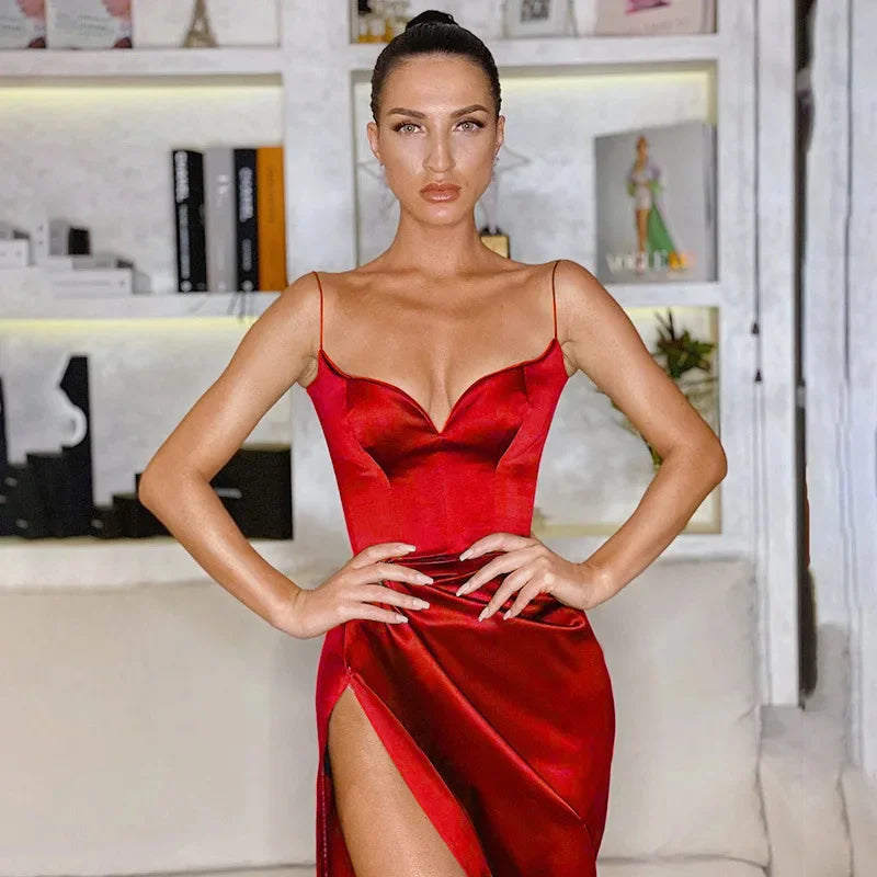 Satin V-Neck High Slit Bodycon Backless Sleeveless Formal Party Dress