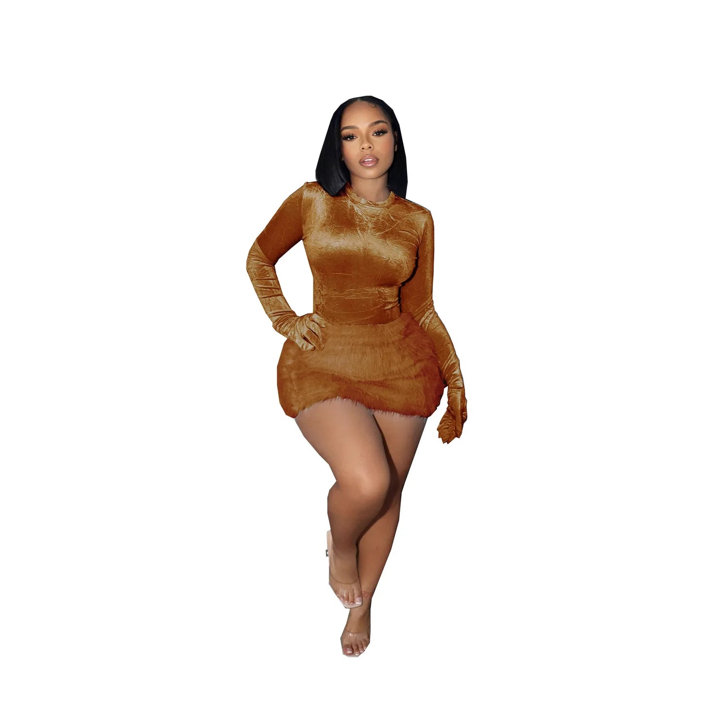 Velvet Long Sleeve Solid Color Women's Bodysuit+ Faux Fur Mini Skirt 2-Piece Set