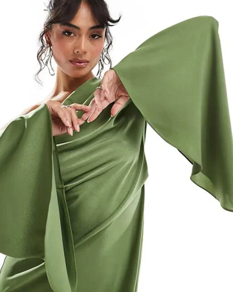 Satin Asymmetrical Olive Green Ruched One Shoulder Long Sleeve High Slit Formal Maxi Dress