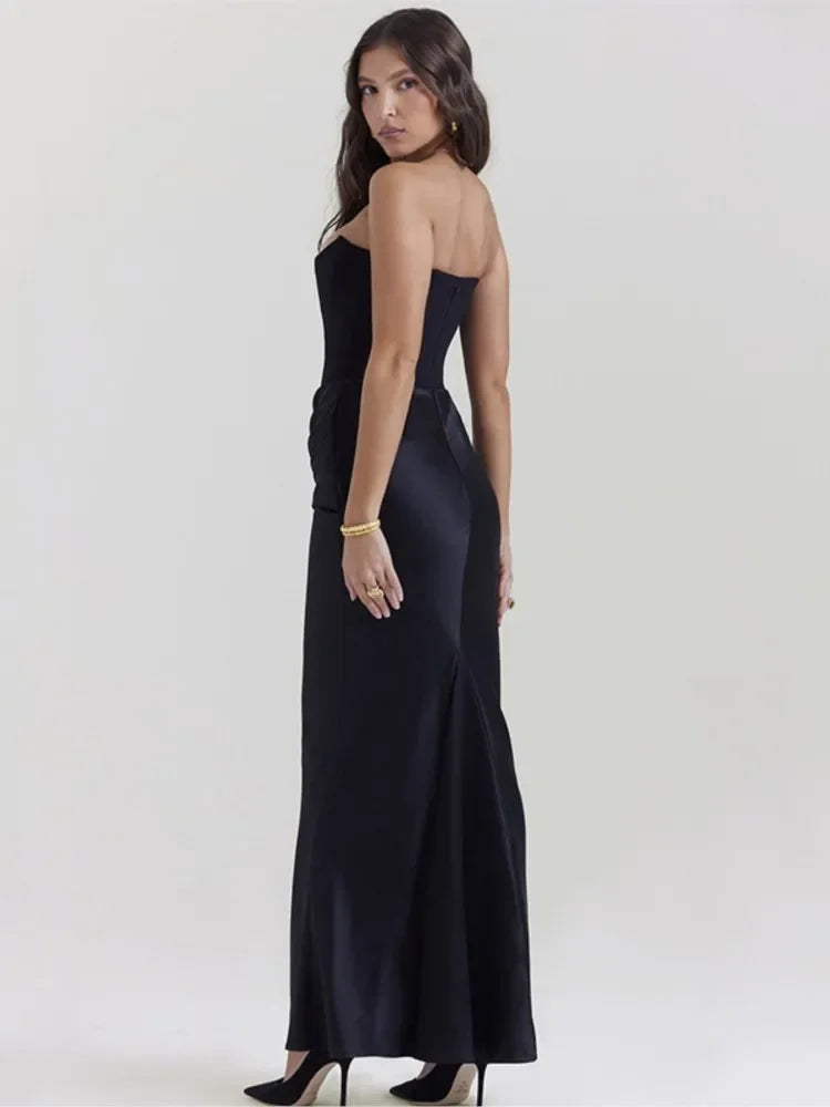 Black Satin Pleated Strapless Off-the-Shoulder Pleated Tube Maxi Formal Party Dress