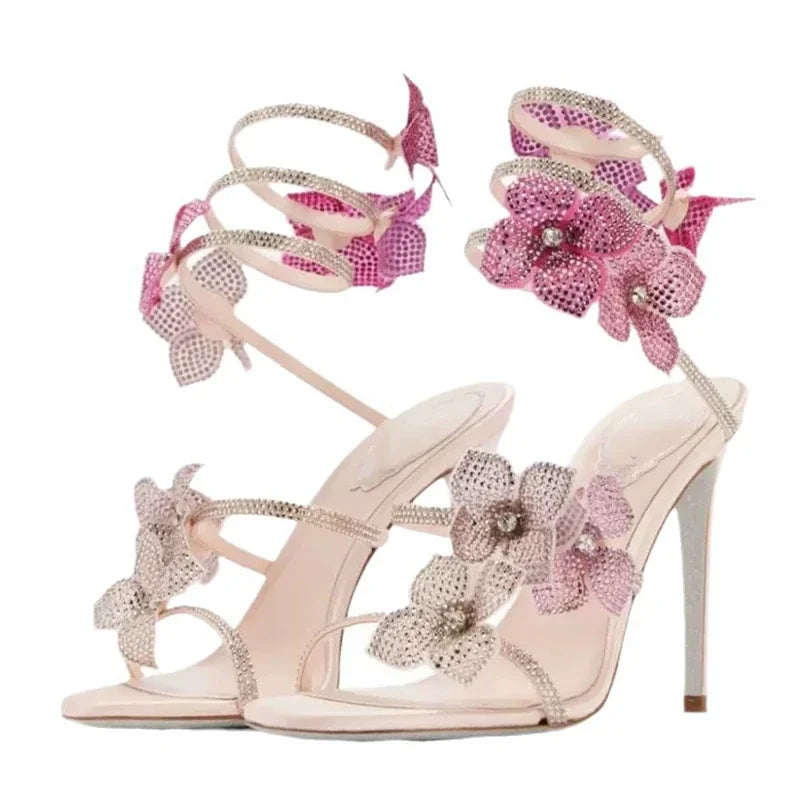 Crystal Flower Narrow Band Ankle Strap Thin Stiletto Heel Formal Sandal Pumps